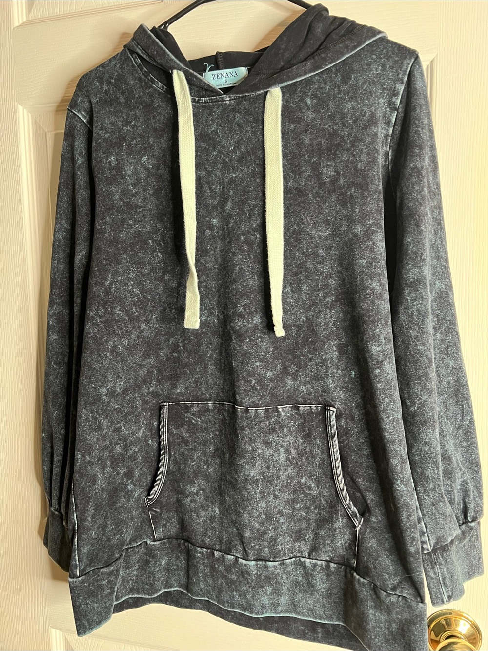 Zenana Outfitters Black Acid-Wash Pullover Hoodie with White Drawcords